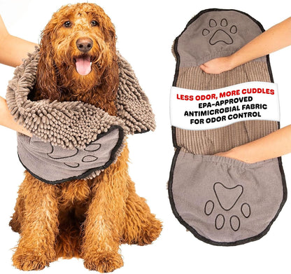 the Dirty Dog Shammy - Antimicrobial Microfiber Dog Towel for Odor Control, Fast-Drying Plush, Dual Hand Pockets & Elastic, Super Absorbent, Machine Washable, 31 X 13 In, Grey